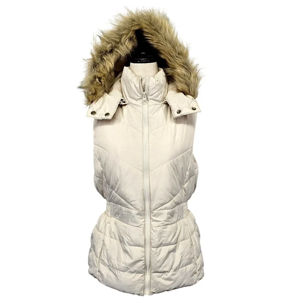 Banana Republic Vest Womens S White Hooded Quilted Puffer Faux Fur Y2K Style - Picture 1 of 11